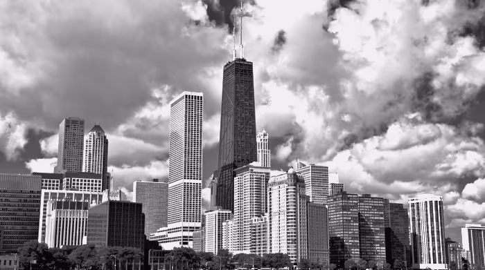 The Chicago skyline along the lakefront.