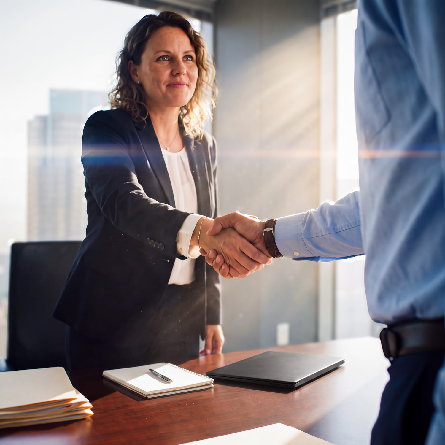 An attorney shaking hands with her client across a desk, case files and a laptop between them.