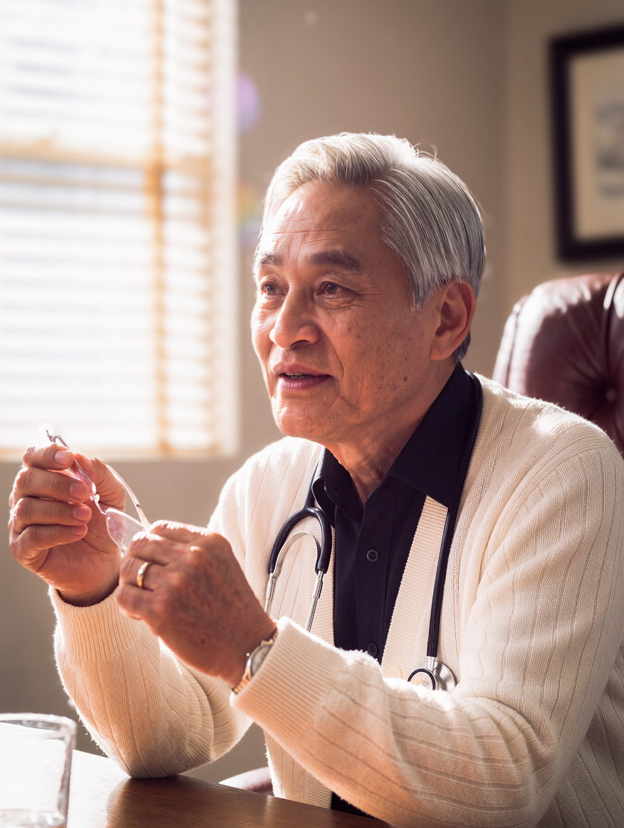 A doctor at his desk holding his glasses, mid-conversation.